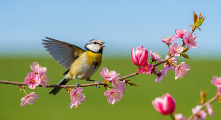 Vibrant blue tit bird perched on cherry blossom branchの写真素材