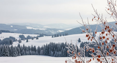 Snowy mountain landscape with frosted tree branches in foregroundの写真素材