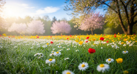 Sunlit Meadow with Blooming Trees and Colorful Wildflowersの写真素材