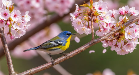 Northern Parula perched amongst beautiful pink Cherry Blossoms in Spring