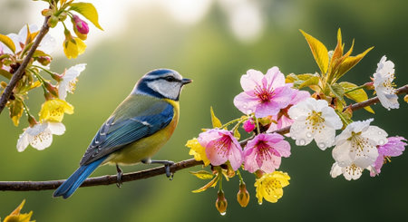 Eurasian Blue Tit Perched Amidst Blooming Cherry Blossom Branch