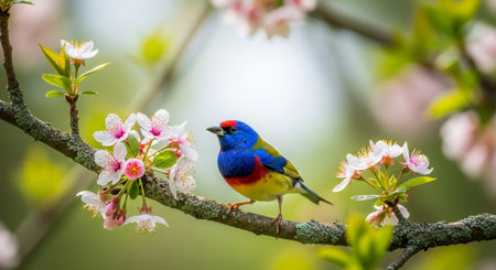 Colorful bird perched on a blossoming tree branch image