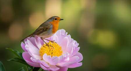 European robin perched on pink peony bloom, natureの写真素材