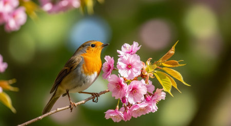 European robin perched on branch adorned with cherry blossoms