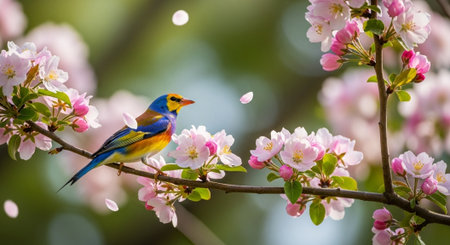 Vibrant bird perched amongst delicate blossoms on a spring branch