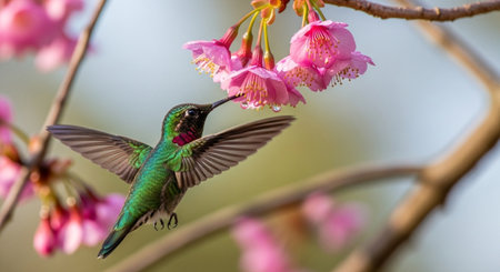 Hummingbird sips nectar from blooming cherry blossoms, vibrant colorsの写真素材