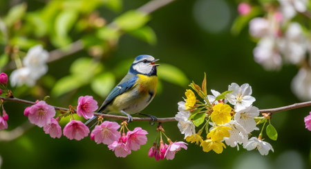 Eurasian blue tit perched among blossoming cherry tree flowersの写真素材