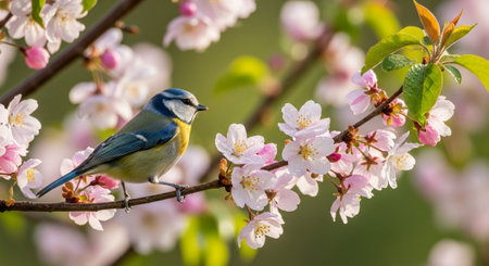 Eurasian blue tit perched on blooming cherry blossom branchの写真素材