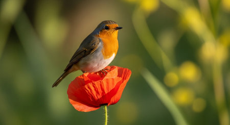 Robin perched on vibrant poppy flower in natural light