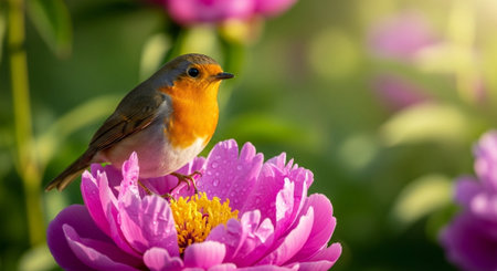 Robin perched on pink peony flower with dew drops