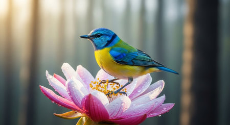 Vibrant songbird perched elegantly atop a dew-kissed lotus flowerの写真素材