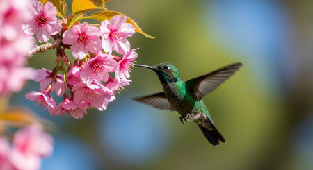 Hummingbird feeding on bright pink cherry blossoms in sunlight
