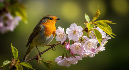 Robin perched on cherry blossom branch in spring