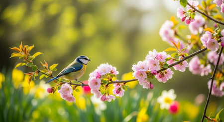 Blue tit perched on flowering cherry branch in springtimeの写真素材