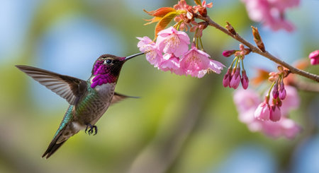 Hummingbird seeks nectar from pink cherry blossom flowers spring
