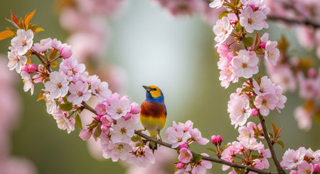Vibrant bird perched amongst pink cherry blossoms branch