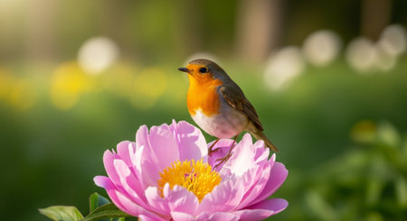 Robin bird perched gracefully on a delicate pink peonyの写真素材