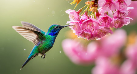 Hummingbird sips nectar from pink cherry blossoms in springの写真素材
