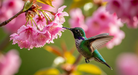 Hummingbird feeding on cherry blossoms in soft springtime light