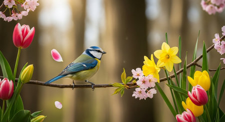 Eurasian blue tit bird perched amongst spring flowers branch
