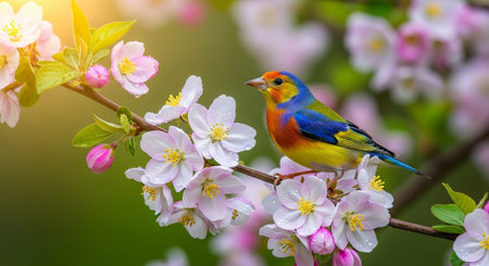 Vibrant painted bunting bird perched on blooming flowering branch