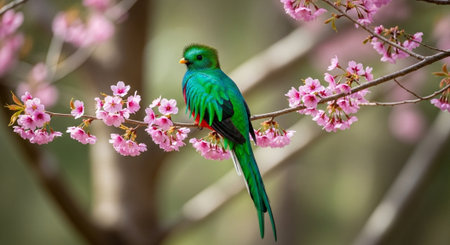 Resplendent Quetzal perched among pink cherry blossoms branchの写真素材