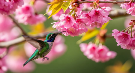 Hummingbird hovering near pink cherry blossoms in full bloomの写真素材