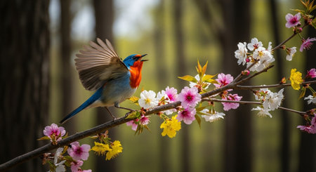 Robin on cherry blossom branch announces the arrival of springの写真素材