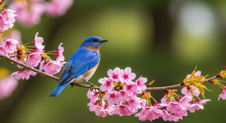 Eastern Bluebird perched on a cherry blossom branchの写真素材