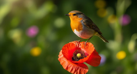 European Robin perched on a vibrant red poppy flower