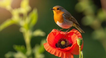 Robin perched delicately on a vibrant red poppy flowerの写真素材
