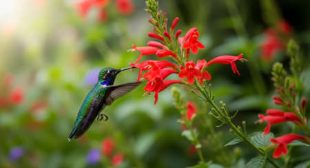 Hummingbird feeding on bright red tubular flowers in garden