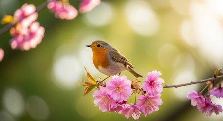 Robin perched on cherry blossom branch in springtime light