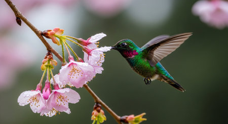 Hummingbird feeding on pink cherry blossom flower nectar