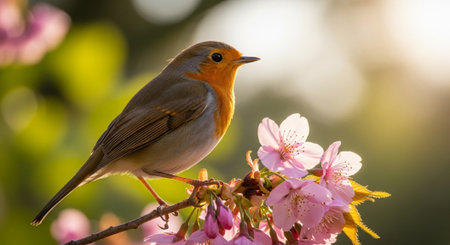 European robin perched on flowering cherry blossom branch springtime