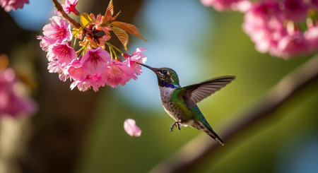 Hummingbird feeding on cherry blossom nectar during springtime