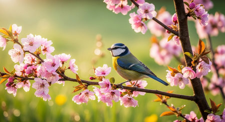 Eurasian blue tit bird perched on blossoming tree branchの写真素材