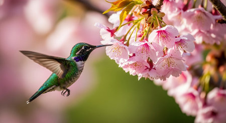 Hummingbird drinks nectar from cherry blossom flowers in springtimeの写真素材