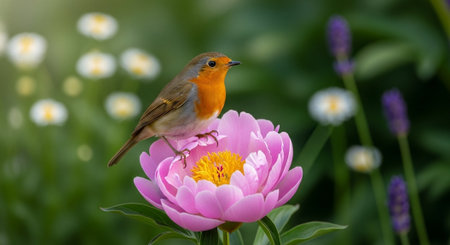 European robin perched gracefully atop a pink peony bloomの写真素材