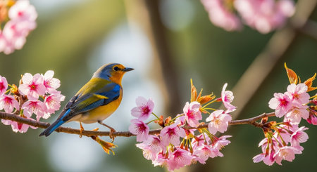 Vibrant bird perches on cherry blossom branch in sunlightの写真素材