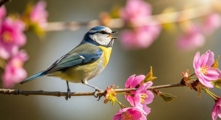 Eurasian blue tit perched among blooming pink cherry blossoms