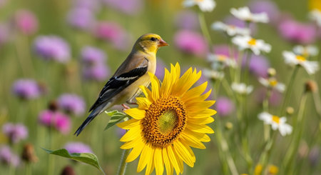 Goldfinch perched on bright sunflower in a vibrant meadowの写真素材