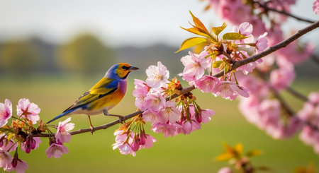 Colorful bird perched on a cherry blossom branch in spring