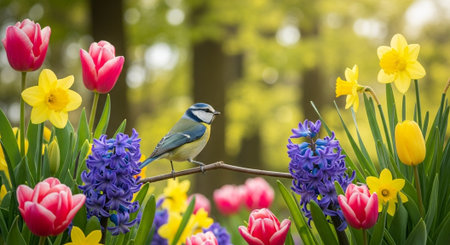 Eurasian Blue Tit perched among colorful spring flowers, bokehの写真素材