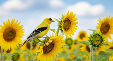Goldfinch perched on bright yellow sunflower in summer field