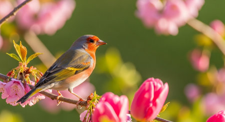 Elegant bird perched on a blooming branch of flowers