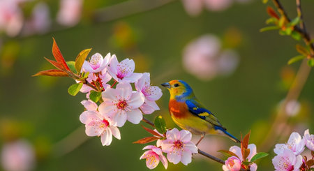 Vibrant bird perches on blossoming branch, spring season arrival