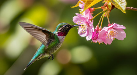 Hummingbird sipping nectar from pink blossoms in springtime garden