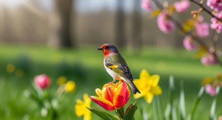 Elegant bird perched on vibrant tulip in spring gardenの写真素材