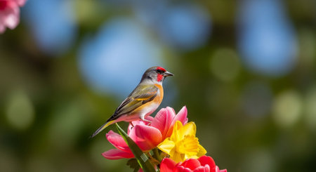 Elegant goldfinch perched on vibrant pink and yellow blossoms